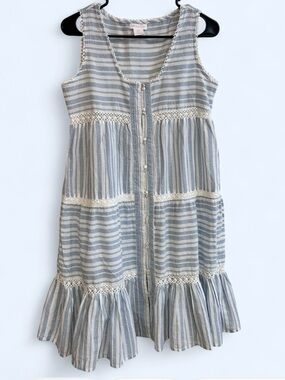 Shabby Chic Blue & White Striped Cotton Dress with Lace Panels
